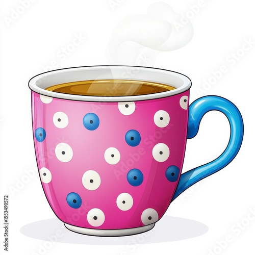 Steaming Pink Mug with Blue and White Polka Dots on White Background