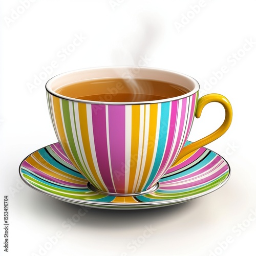 Steaming Tea in a Colorful Striped Teacup and Saucer