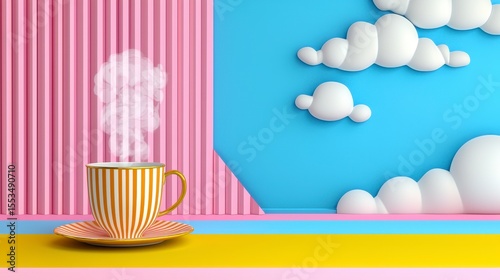 Steaming Striped Teacup on Pastel Background with Clouds