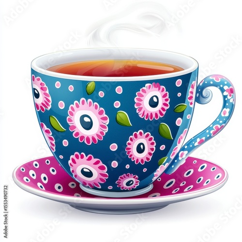 Steaming Tea in Blue Floral Teacup and Pink Saucer