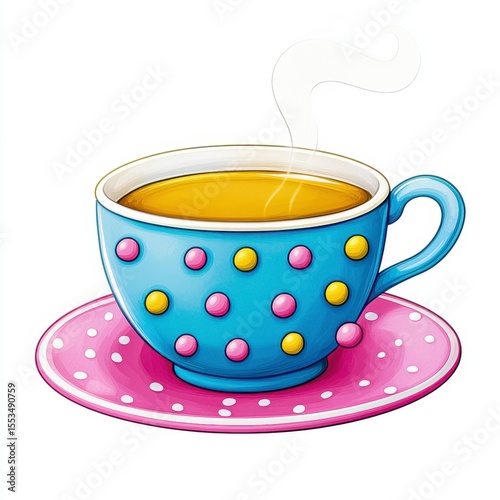 Steaming Tea in Blue Polka Dot Teacup and Pink Saucer