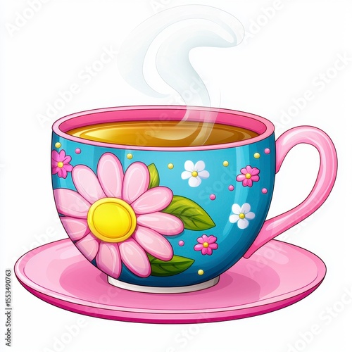 Steaming Tea in Blue Floral Teacup and Pink Saucer