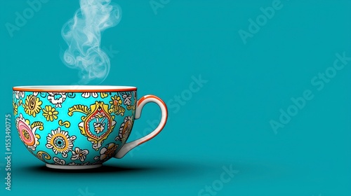 Steaming Tea in Ornate Cup Against Teal Background