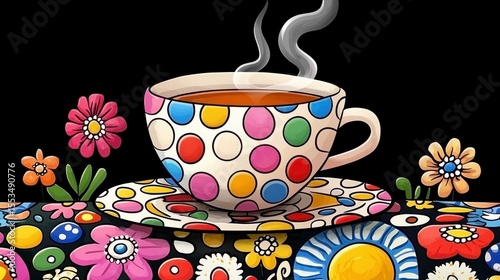 Steaming Tea in Colorful Polka Dot Teacup on Floral Tablecloth