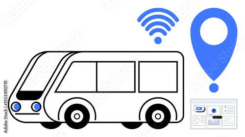 Bus connected with location pin, wireless signal, and data analytics dashboard. Ideal for transport innovation, urban planning, smart cities, mobility solutions, IoT navigation technology. Simple