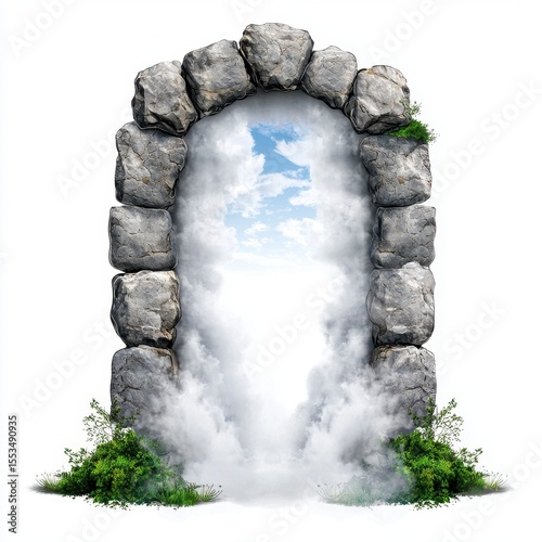 Stone Archway with Mist Leading to a Blue Sky