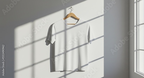 Blank White T-Shirt Mockup Sunlight and Shadows on a Simple Wooden Hanger