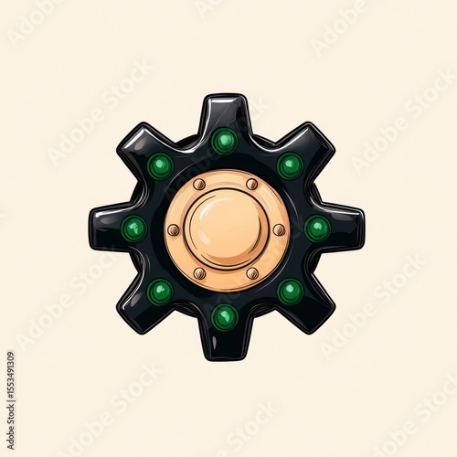 Stylized Black Gear with Green Jewels and Beige Center