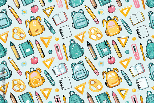Cartoon School Supplies Seamless Pattern with Backpacks Pencils Books and Other Items