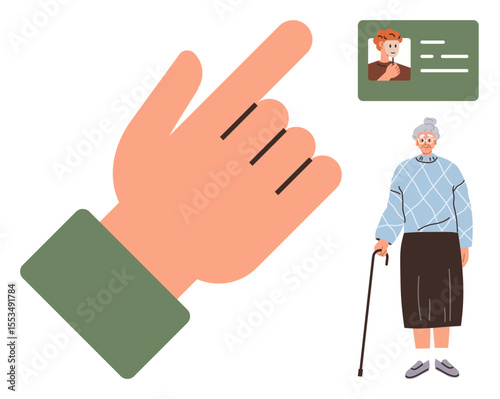 Large hand points to smiling elderly woman with a cane and ID card. Ideal for identity, verification, healthcare access, senior support, caregiving, identification services, and technology inclusion