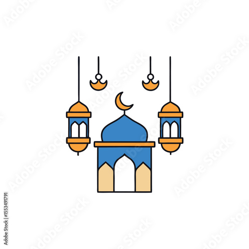 a ramadan themed mosque with hanging lanterns and 