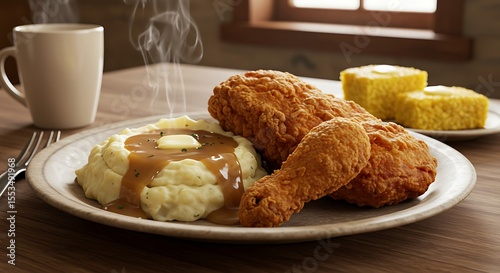 Delicious Crispy Fried Chicken with Creamy Mashed Potatoes and Cornbread