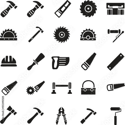 Black and white vector icons of various construction and carpentry tools