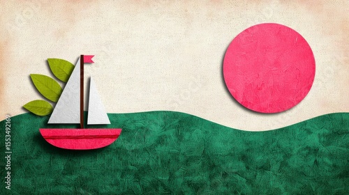 Stylized Sailboat and Pink Sun on Textured Sea