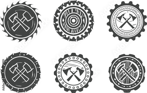 Set of Six Lumberjack Logos with Axes and Saw Blades