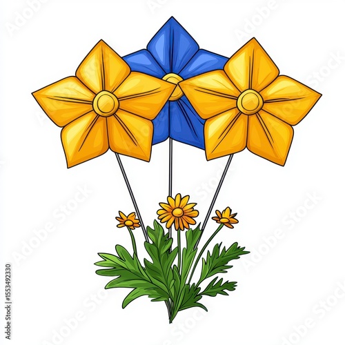 Stylized Yellow and Blue Origami Flowers on White Background