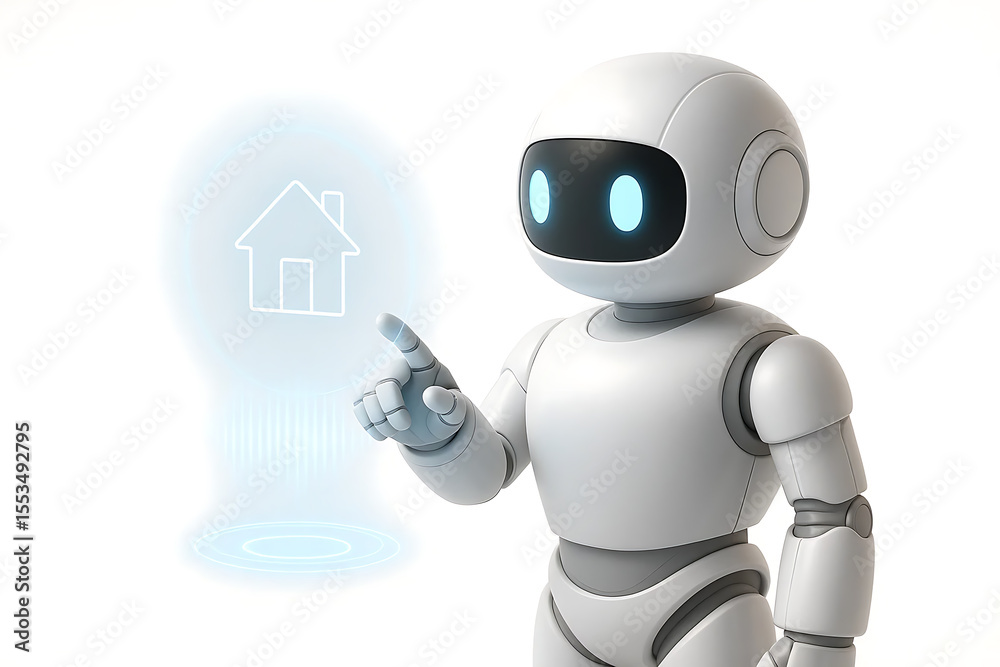 Naklejka premium Robot Pointing at Smart Home Holographic Icon