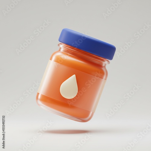 3D render of a glass jar with orange jam or honey. Blank label with a drop icon is perfect for food packaging mockups, grocery product branding, and advertising presentations. Isolated.