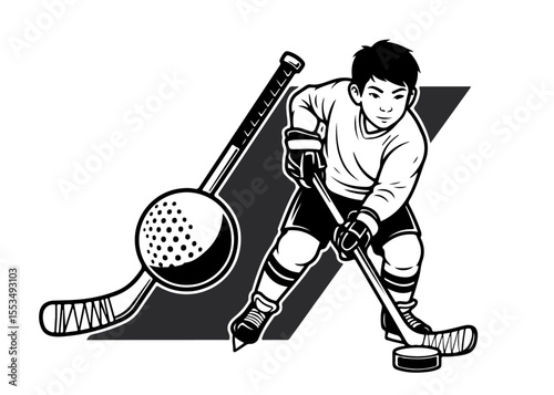Hockey Ball, Bat, and Boy Player Icon – Vector Illustration Art Design 