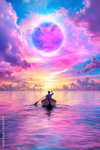 Surreal Ocean Sunset with Purple Celestial Body and Lone Boat