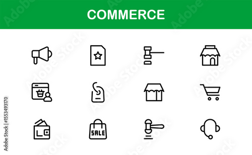 Commerce Line Icon Set – Modern, Professional Thin Outline Icons of Finance, Trade, Banking, Business, Shopping, and Economic Transactions