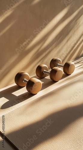 aesthetic wooden dumbbells on beige surface with soft sunlight and shadows – ideal for fitness studio branding, wellness blogs, gym decor inspiration, or minimalist workout gear promotions