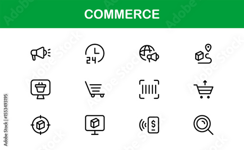 Commerce Line Icon Set – Modern, Professional Thin Outline Icons of Finance, Trade, Banking, Business, Shopping, and Economic Transactions