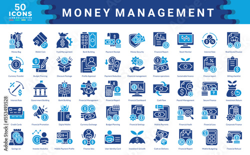 Money management icon collection. Simple color fill vector illustration.