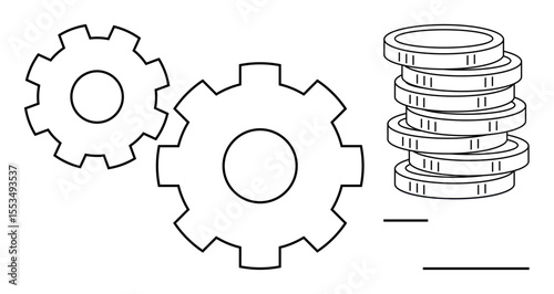 Two interlocking gear shapes beside a stack of coins symbolize business efficiency, wealth creation, and financial processes. Ideal for economy, productivity, strategy, innovation, finance