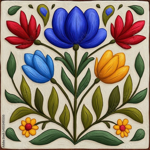 Symmetrical Floral Arrangement in Blue, Red, and Yellow Hues