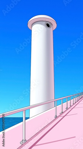Tall White Lighthouse on Pink Walkway Overlooking Calm Blue Sea