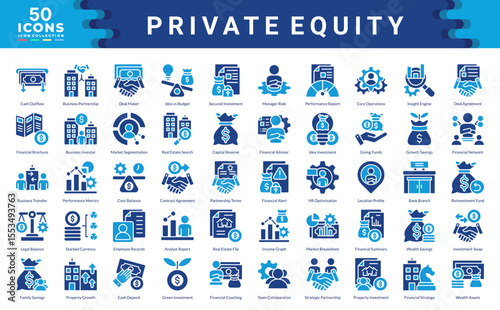 Private Equity icon collection. Simple color fill vector illustrations.