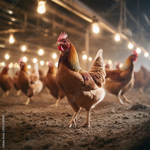 free range chickens in modern poultry farm under warm lighting, ideal for agriculture, organic farming, and livestock industry visuals