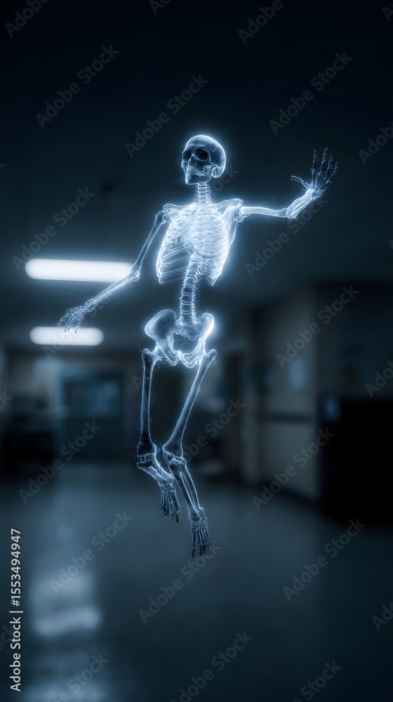 Obraz premium Glowing skeletal figure hovering in a clinical setting