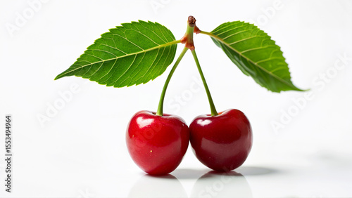 Ripe cherries with stems and green leaves isolated on a white background. Suitable for food, nutrition, and fruit-related concepts.