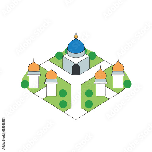 a top down view of a mosque complex with garden pa