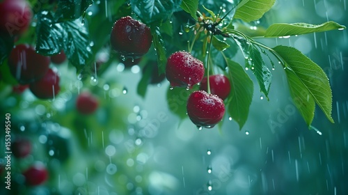 
Summer heavy rain in forest. Drops of water dripping from green leaves of cherry tree. Beautiful calming background. Weather, environment, nature concept. High quality