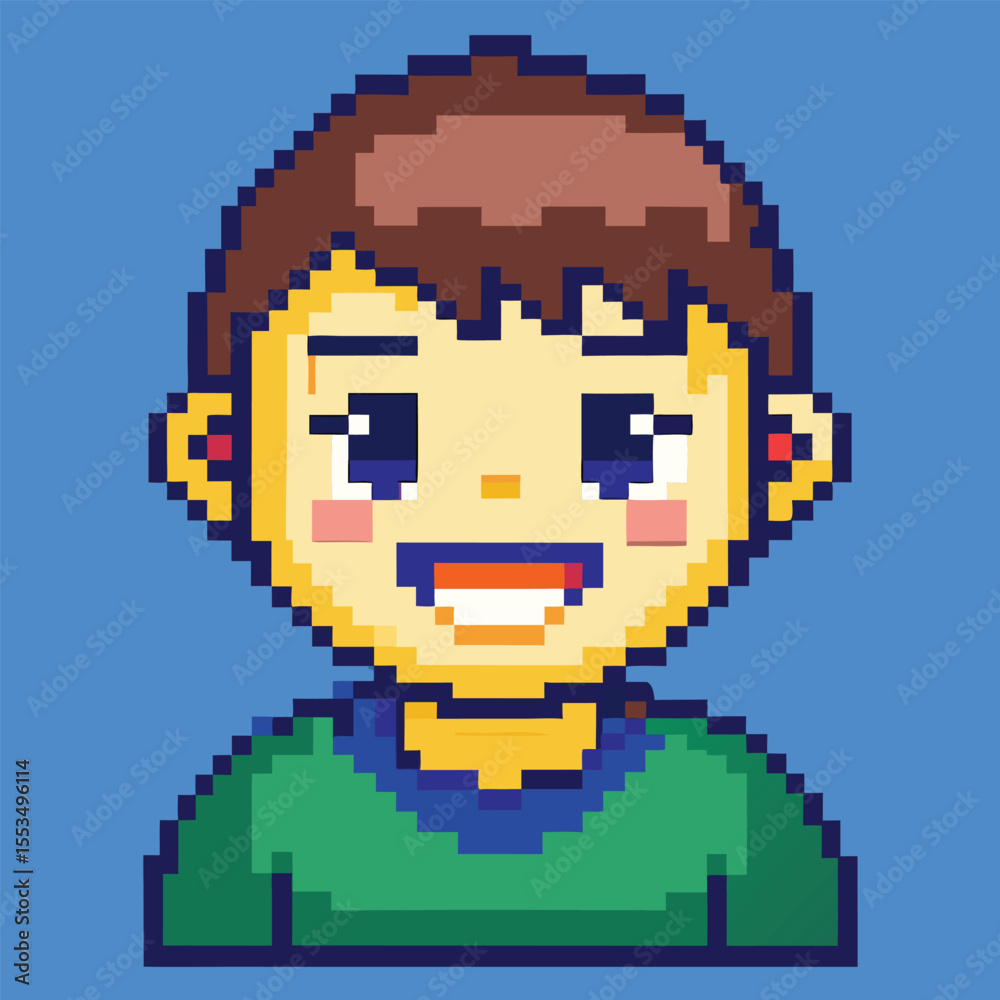 Obraz premium A 3D glossy emoji of a smiling boy in pixel art style with green shirt