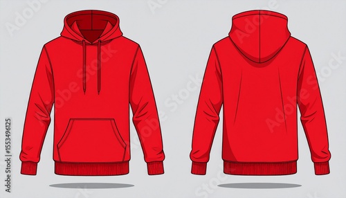 Red Hoodie Mockup for Product Design - T-shirt Template for Logo Placement and Branding - Technical Outline for Hooded Vest for Apparel and Merchandise - Print File for Front and Back - Clothing
