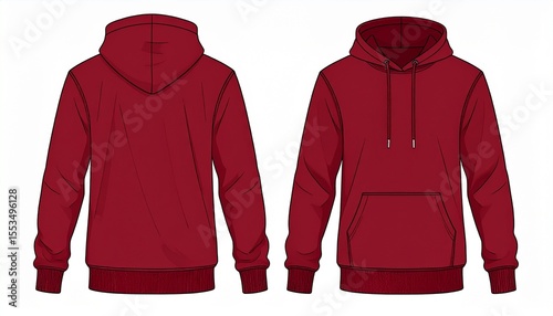 Red Hoodie Mockup for Product Design - T-shirt Template for Logo Placement and Branding - Technical Outline for Hooded Vest for Apparel and Merchandise - Print File for Front and Back - Clothing