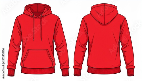 Red Hoodie Mockup for Product Design - T-shirt Template for Logo Placement and Branding - Technical Outline for Hooded Vest for Apparel and Merchandise - Print File for Front and Back - Clothing
