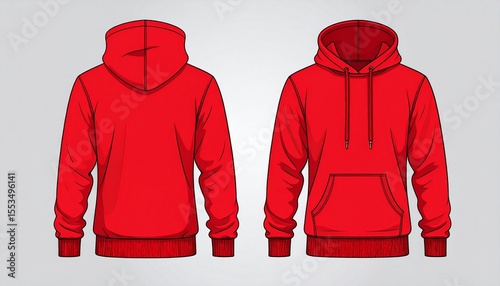 Red Hoodie Mockup for Product Design - T-shirt Template for Logo Placement and Branding - Technical Outline for Hooded Vest for Apparel and Merchandise - Print File for Front and Back - Clothing