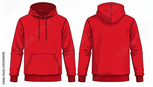 Red Hoodie Mockup for Product Design - T-shirt Template for Logo Placement and Branding - Technical Outline for Hooded Vest for Apparel and Merchandise - Print File for Front and Back - Clothing