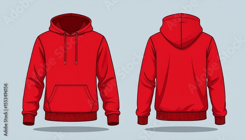 Red Hoodie Mockup for Product Design - T-shirt Template for Logo Placement and Branding - Technical Outline for Hooded Vest for Apparel and Merchandise - Print File for Front and Back - Clothing