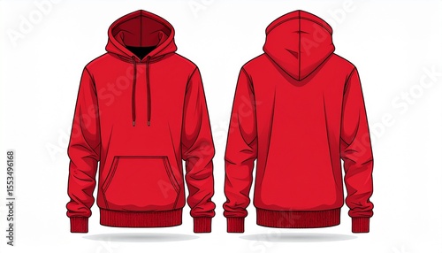 Red Hoodie Mockup for Product Design - T-shirt Template for Logo Placement and Branding - Technical Outline for Hooded Vest for Apparel and Merchandise - Print File for Front and Back - Clothing