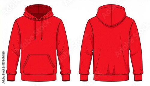Red Hoodie Mockup for Product Design - T-shirt Template for Logo Placement and Branding - Technical Outline for Hooded Vest for Apparel and Merchandise - Print File for Front and Back - Clothing