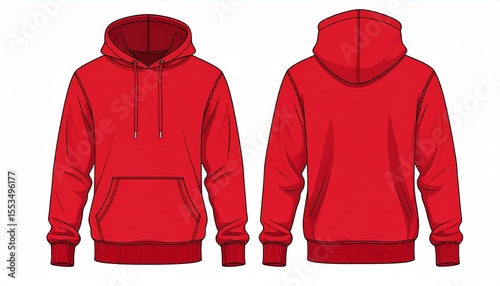 Red Hoodie Mockup for Product Design - T-shirt Template for Logo Placement and Branding - Technical Outline for Hooded Vest for Apparel and Merchandise - Print File for Front and Back - Clothing
