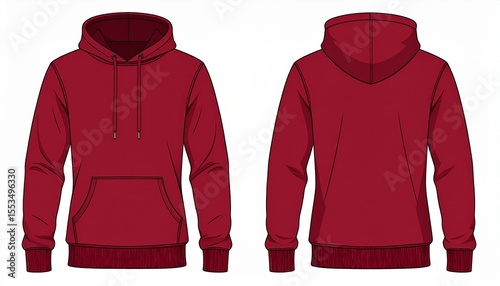 Red Hoodie Mockup for Product Design - T-shirt Template for Logo Placement and Branding - Technical Outline for Hooded Vest for Apparel and Merchandise - Print File for Front and Back - Clothing