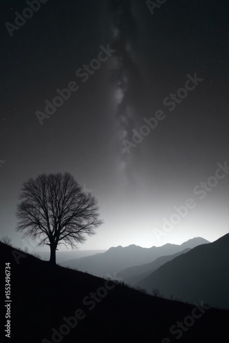 A striking silhouette of a lone tree on a hill under a radiant Milky Way sky, with misty mountains in the background. Ideal for night photography, cosmic landscapes.
