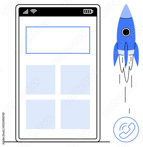 Mobile screen interface alongside a blue rocket taking off and a phone icon. Ideal for technology, innovation, startup, app launch, communication, speed, productivity. Simple flat metaphor